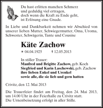 Traueranzeige von Käte Zachow von Zeitung für die Landeshauptstadt