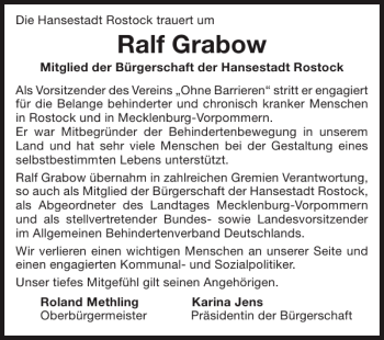 Traueranzeige von Ralf Grabow von Norddeutsche Neueste Nachrichten