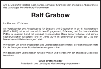 Traueranzeige von Ralf Grabow von Zeitung für die Landeshauptstadt