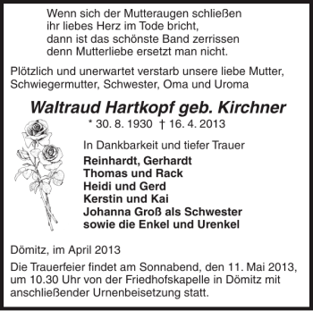 Traueranzeige von Waltraud Hartkopf geb. Kirchner von Ludwigsluster Tageblatt