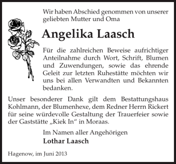 Traueranzeige von Angelika Laasch von Hagenower Kreisblatt