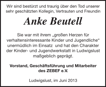 Traueranzeige von Anke Beutell von Ludwigsluster Tageblatt