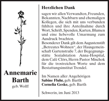 Traueranzeige von Annemarie Barth von Zeitung für die Landeshauptstadt