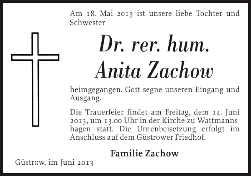  Traueranzeige für Dr. rer. hum. Anita Zachow vom 08.06.2013 aus Güstrower Anzeiger