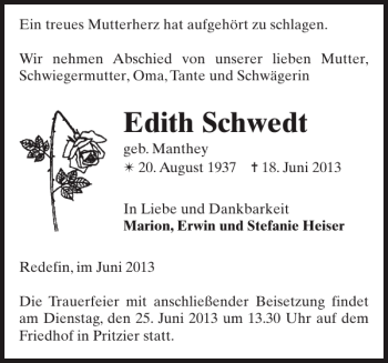 Traueranzeige von Edith Schwedt von Hagenower Kreisblatt