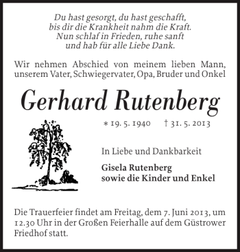 Traueranzeige von Gerhard Rutenberg von Güstrower Anzeiger