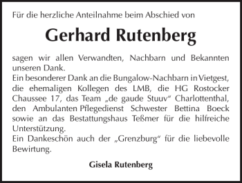 Traueranzeige von Gerhard Rutenberg von Güstrower Anzeiger