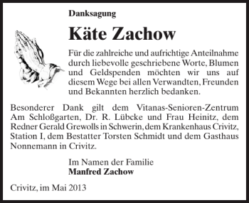 Traueranzeige von Käte Zachow von Zeitung für die Landeshauptstadt