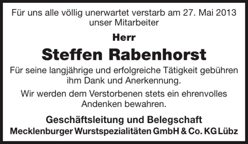  Traueranzeige für Steffen Rabenhorst vom 15.06.2013 aus Parchimer Zeitung