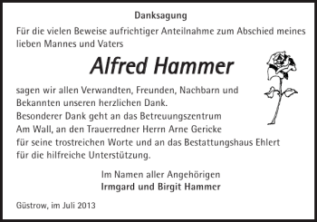 Traueranzeige von Alfred Hammer von Güstrower Anzeiger