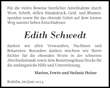 Traueranzeige von Edith Schwedt von Hagenower Kreisblatt