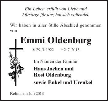 Traueranzeige von Emmi Oldenburg von Gadebusch-Rehnaer Zeitung