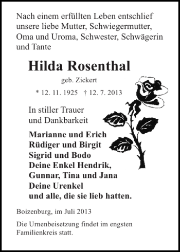 Traueranzeige von Hilda Rosenthal von Hagenower Kreisblatt