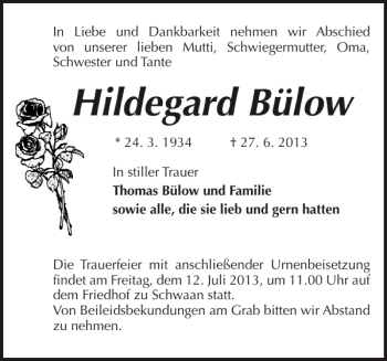 Traueranzeige von Hildegard Bülow von Bützower Zeitung