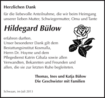 Traueranzeige von Hildegard Bülow von Bützower Zeitung