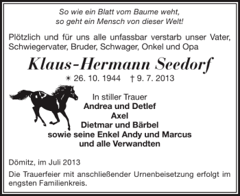 Traueranzeige von Klaus-Hermann Seedorf von Ludwigsluster Tageblatt