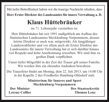 Traueranzeige von Klaus Hüttebräuker von Zeitung für die Landeshauptstadt