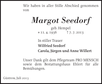 Traueranzeige von Margot Seedorf von Güstrower Anzeiger