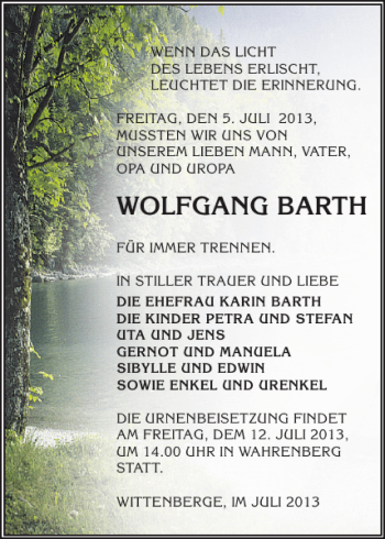 Traueranzeige von WOLFGANG BARTH von Der Prignitzer