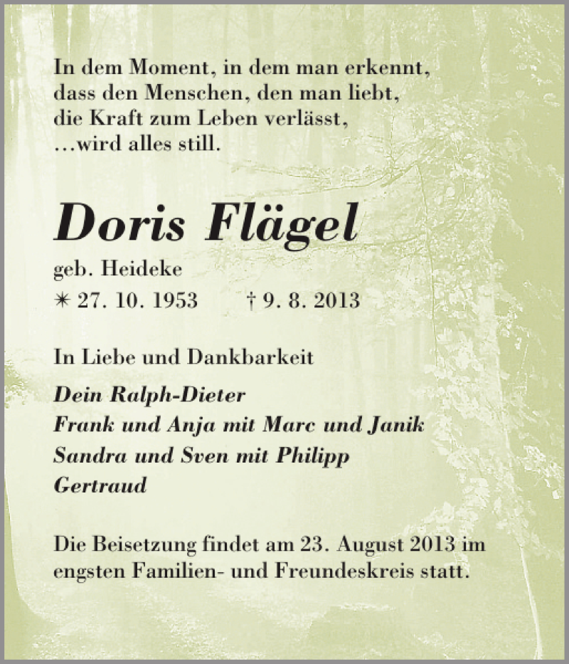  Traueranzeige für Doris Flägel vom 20.08.2013 aus Zeitung für die Landeshauptstadt