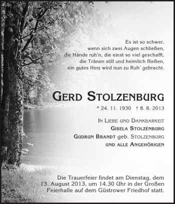 Traueranzeige von GERD STOLZENBURG von Güstrower Anzeiger