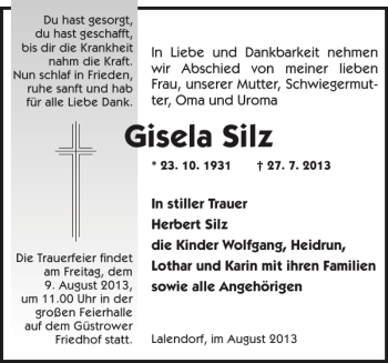 Traueranzeige von Gisela Silz von Güstrower Anzeiger