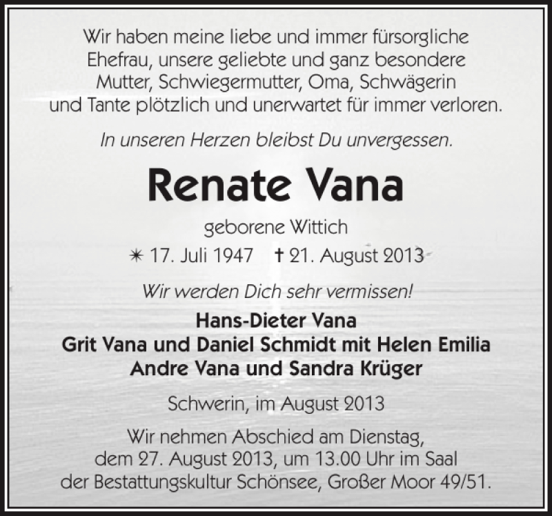  Traueranzeige für Renate Vana vom 24.08.2013 aus Zeitung für die Landeshauptstadt