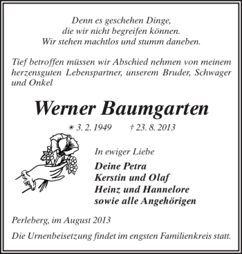 Traueranzeige von Werner Baumgarten von Der Prignitzer