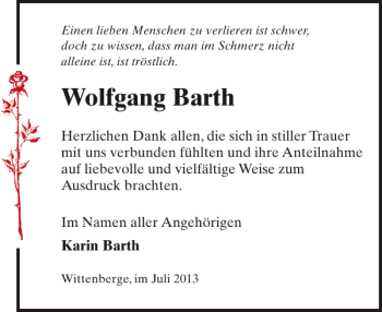 Traueranzeige von Wolfgang Barth von Der Prignitzer