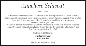 Traueranzeige von Anneliese Schwedt von Zeitung für die Landeshauptstadt