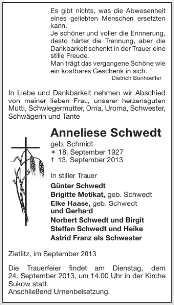 Traueranzeige von Anneliese Schwedt von Zeitung für die Landeshauptstadt