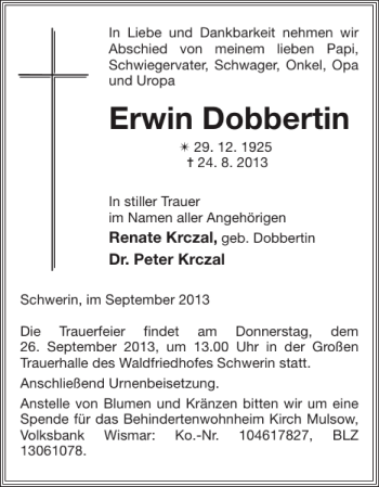 Traueranzeige von Erwin Dobbertin von Zeitung für die Landeshauptstadt