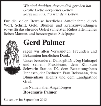 Traueranzeige von Gerd Palmer von Der Prignitzer