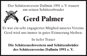 Traueranzeige von Gerd Palmer von Der Prignitzer