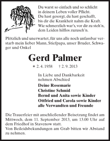 Traueranzeige von Gerd Palmer von Der Prignitzer