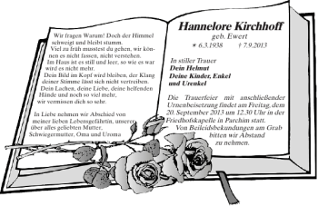 Traueranzeige von Hannelore Kirchhoff von Parchimer Zeitung