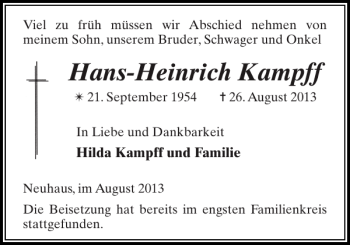 Traueranzeige von Hans-Heinrich Kampff von Hagenower Kreisblatt