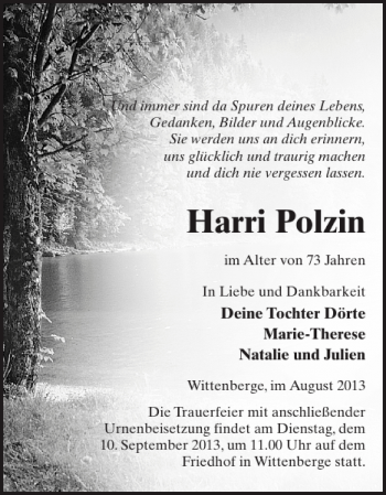 Traueranzeige von Harri Polzin von Der Prignitzer