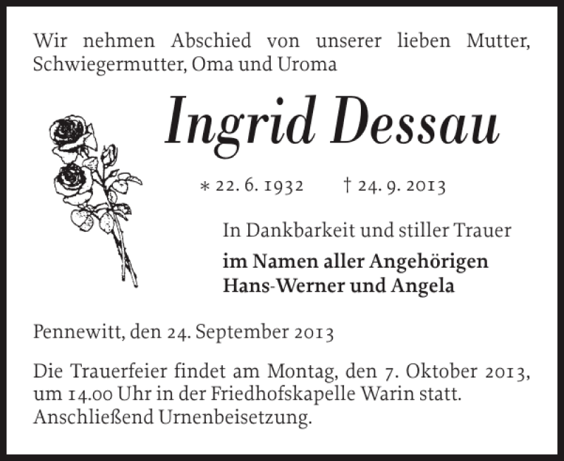  Traueranzeige für Ingrid Dessau vom 28.09.2013 aus Anzeiger für Sternberg - Brüel - Warin