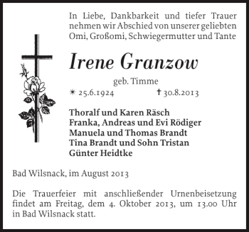 Traueranzeige von Irene Granzow von Der Prignitzer