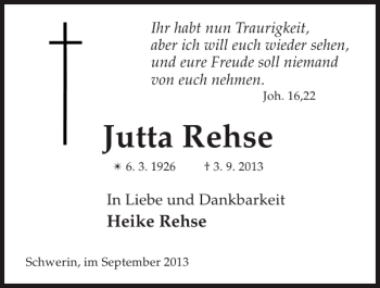 Traueranzeige von Jutta Rehse von Zeitung für die Landeshauptstadt