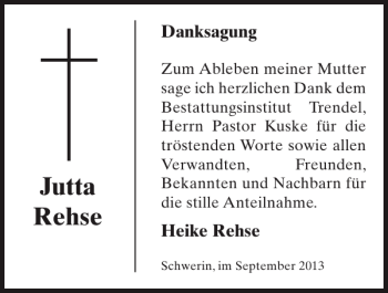 Traueranzeige von Jutta Rehse von Zeitung für die Landeshauptstadt