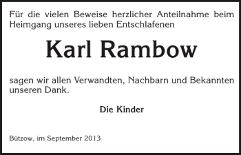 Traueranzeige von Karl Rambow von Bützower Zeitung