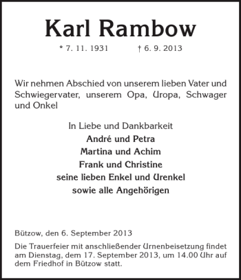 Traueranzeige von Karl Rambow von Bützower Zeitung