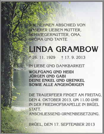 Traueranzeige von LINDA GRAMBOW von Anzeiger für Sternberg - Brüel - Warin