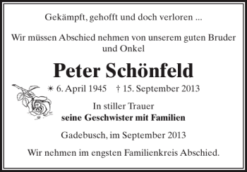 Traueranzeige von Peter Schönfeld von Gadebusch-Rehnaer Zeitung