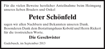 Traueranzeige von Peter Schönfeld von Gadebusch-Rehnaer Zeitung