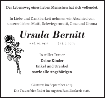 Traueranzeige von Ursula Bernitt von Güstrower Anzeiger