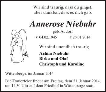 Traueranzeige von Annerose Niebuhr von Der Prignitzer