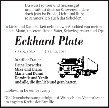 Traueranzeige von Eckhard Plate von Ludwigsluster Tageblatt